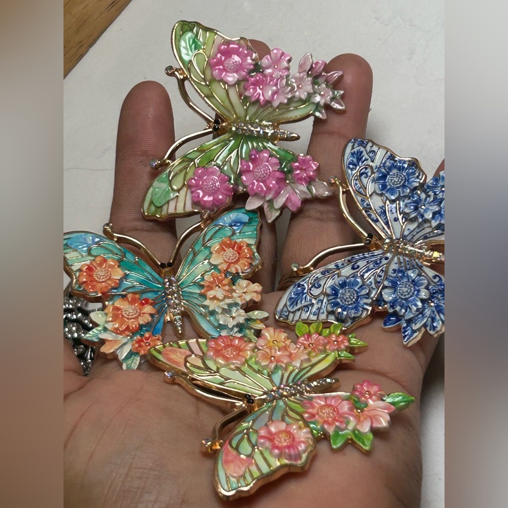 Colorful Floral Butterfly Brooches - Pink, Blue, Green